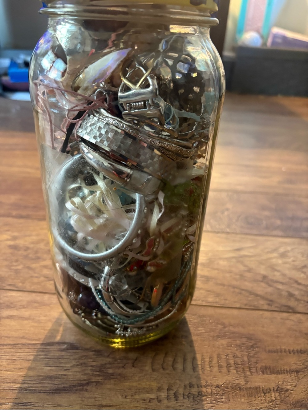 Mason Jar Filled with Mixed Jewelry and Trinkets - Silver Tones